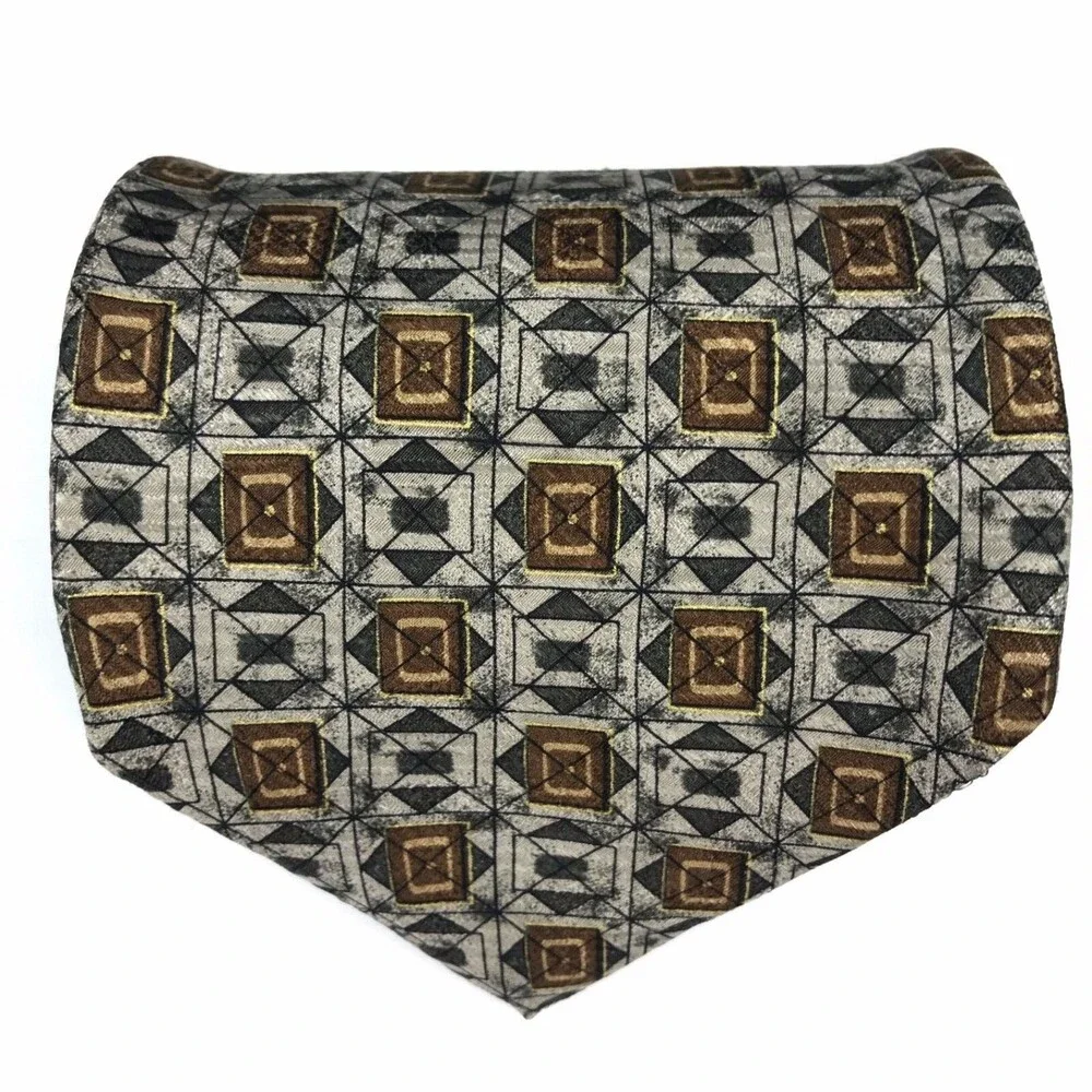 Robert Talbott Studio Men's Silk Hand-sewn Geometric Necktie Gray Tan Tie 57